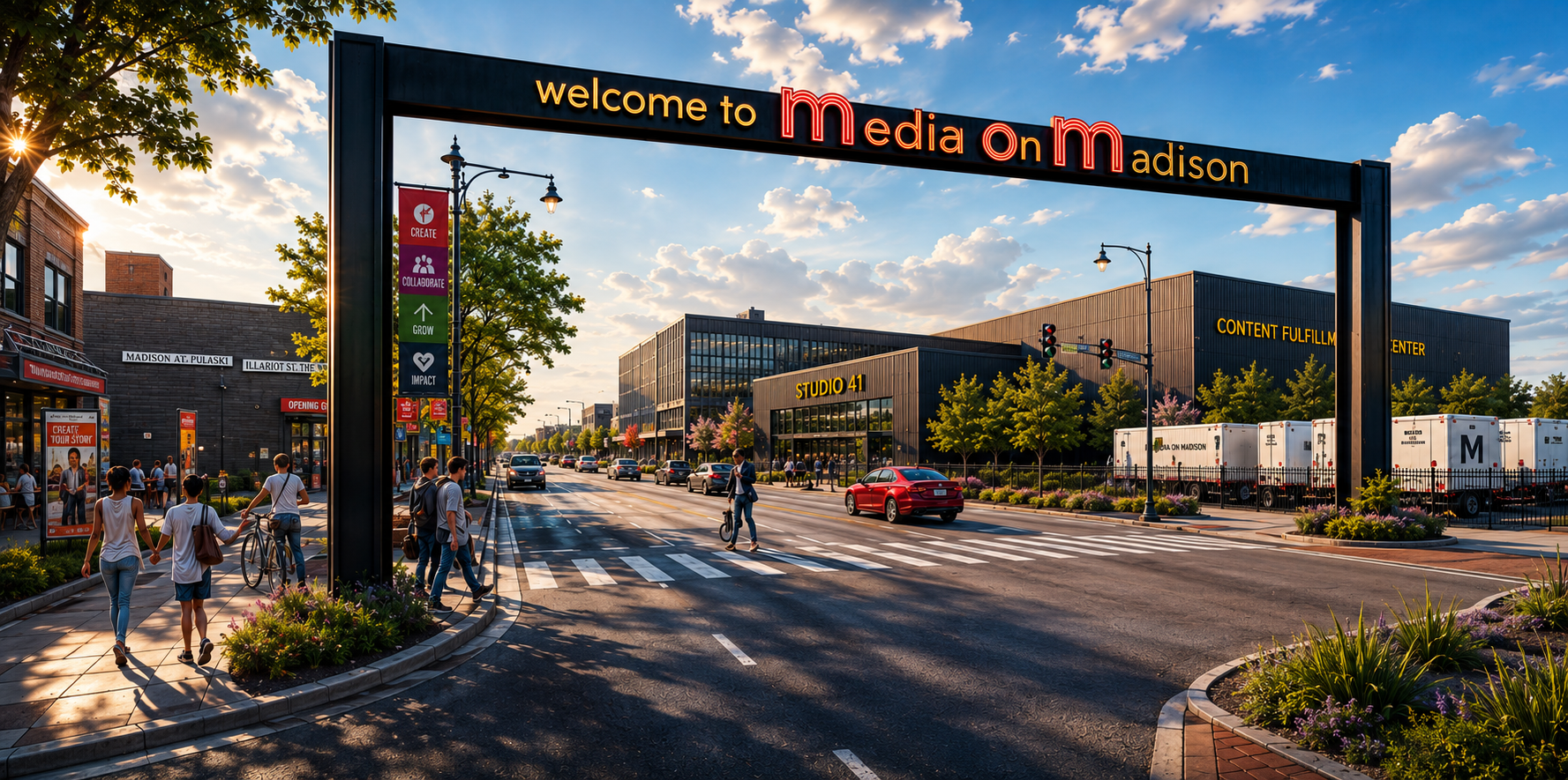 Golden-hour view of West Madison Street with the Media On Madison gateway sign, creative district buildings, and people walking along the corridor in Chicago's West Garfield Park neighborhood.