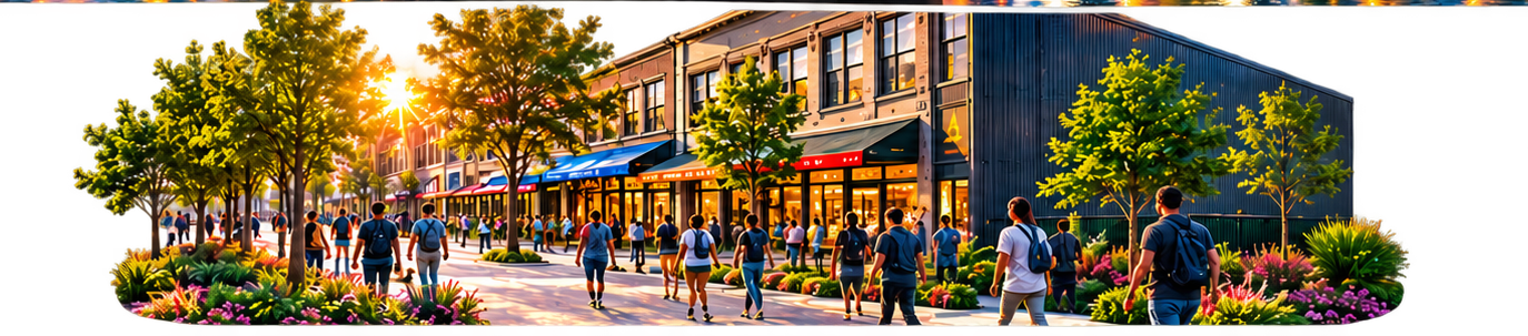 Cinematic golden-hour view of West Madison Street with the Media On Madison gateway arch, district buildings, trees and pedestrians in Chicago's West Garfield Park.